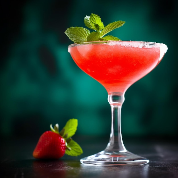 Un bicchiere di martini alla fragola con una foglia di menta sul bordo.