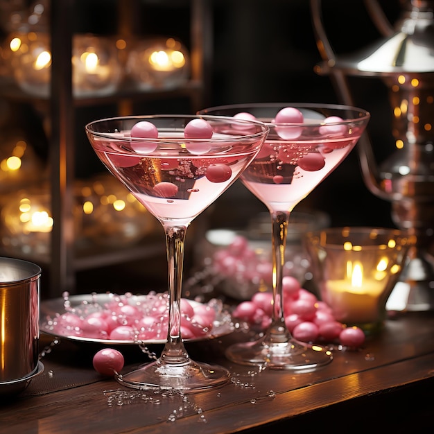 un bicchiere di martini rosa Bellissimo arredamento in stile Barbie Dolce dessert alcolico decorato