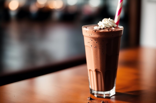 Un bicchiere di milkshake al cioccolato con una cannuccia a strisce rosse e bianche si trova su un tavolo di legno.