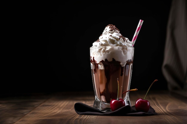 Un bicchiere di milkshake al cioccolato con una cannuccia e una cannuccia a strisce rosse e bianche.
