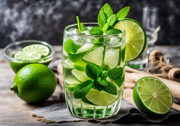 Un bicchiere di mojito al lime verde con menta e ghiaccio Generative AI