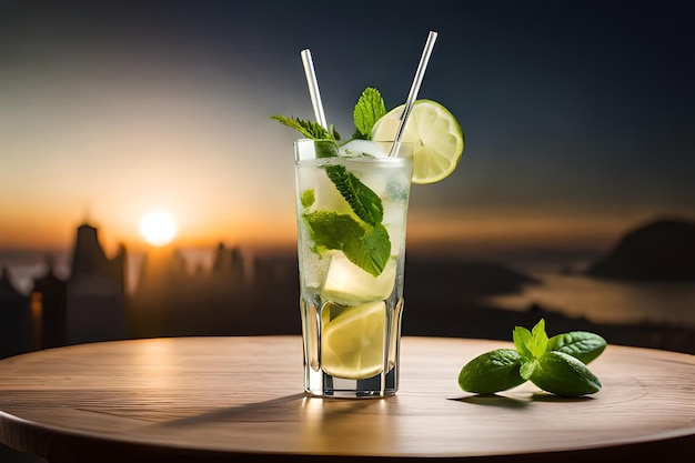 Un bicchiere di mojito con cannuccia e lime su un tavolo.