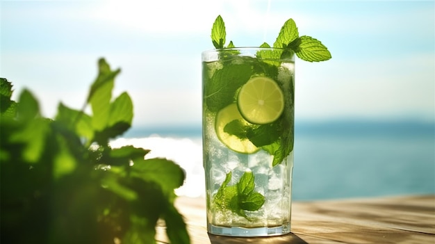 Un bicchiere di mojito con foglie di menta e un bicchiere d'acqua