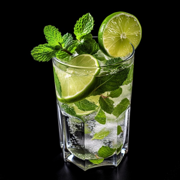 Un bicchiere di mojito con lime e foglie di menta su sfondo nero