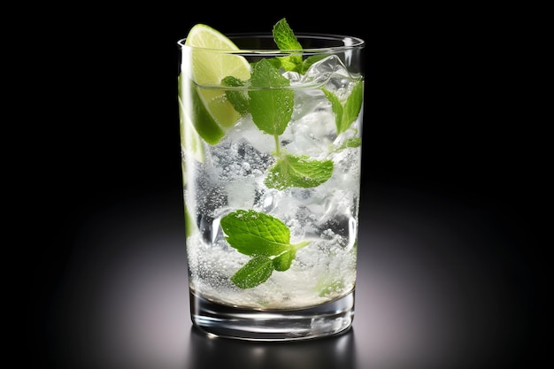 Un bicchiere di mojito con lime e ghiaccio su sfondo nero