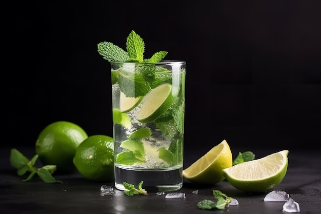 Un bicchiere di mojito con lime su sfondo nero