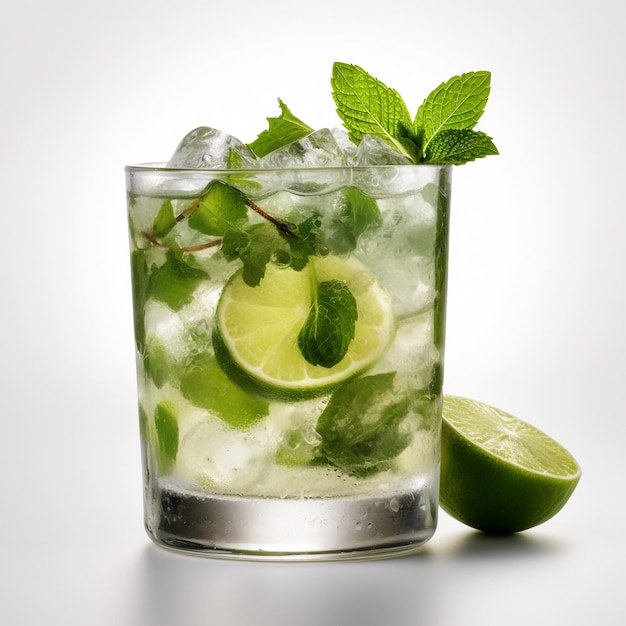 Un bicchiere di mojito con menta e lime sul lato.