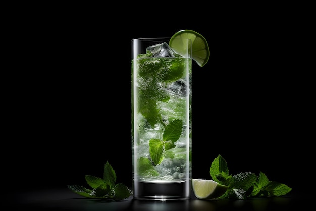 Un bicchiere di mojito con uno spicchio di lime sul bordo