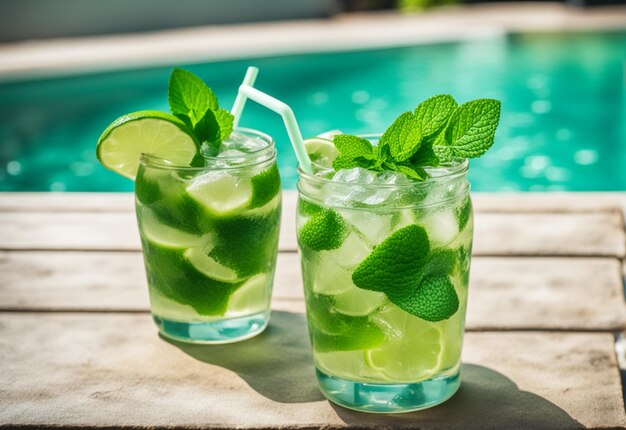 Un bicchiere di mojito di lime verde con menta e ghiaccio vicino alla piscina Generative AI