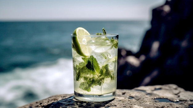 Un bicchiere di mojito su uno scoglio in riva al mare