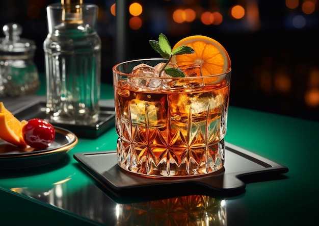 Un bicchiere di negroni, un cocktail spritz vecchio stile con ghiaccio e fette di arancia su un vassoio d'acciaio.