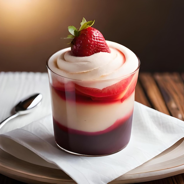 Un bicchiere di panna cotta stratificata con una fragola sopra