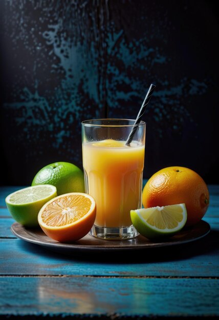un bicchiere di rinfrescante succo d'arancia circondato da agrumi freschi