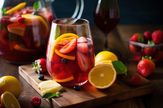 Un bicchiere di sangria con una fetta di limone e frutta fresca su una tavola di legno.