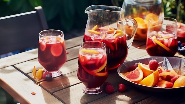 Un bicchiere di sangria si trova su un tavolo con una caraffa di frutta.