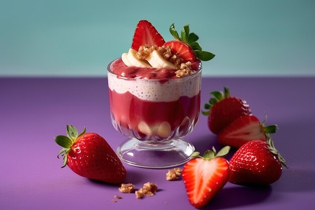 Un bicchiere di semifreddo alla fragola con fragole in cima