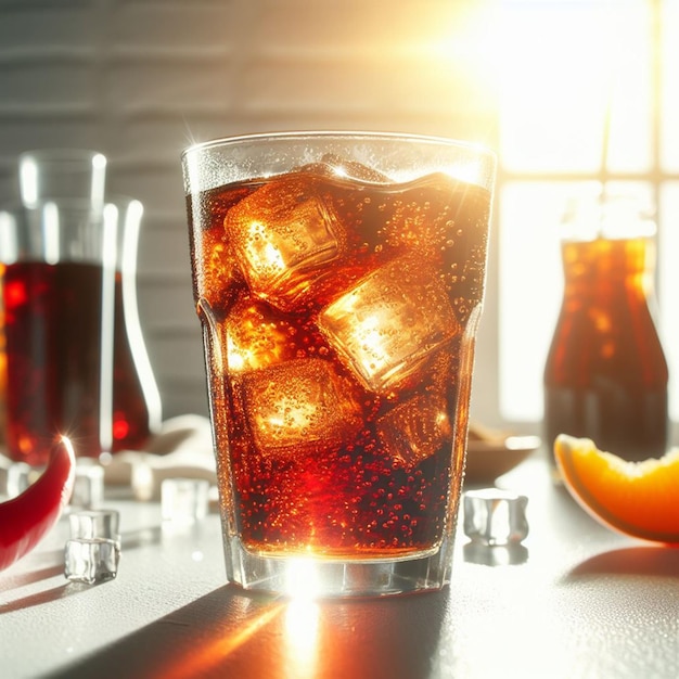un bicchiere di soda con ghiaccio e arance sullo sfondo