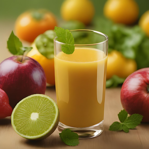 un bicchiere di succo accanto a una mela e un lime