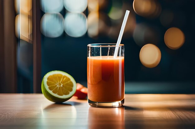 un bicchiere di succo con dentro una cannuccia e mezzo lime e metà.