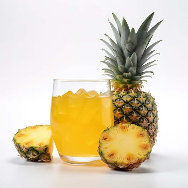 Un bicchiere di succo d'ananas con cubetti di ghiaccio sul lato.