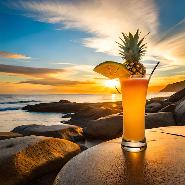 Un bicchiere di succo d'ananas si trova su un tavolo sulla spiaggia con un tramonto sullo sfondo.