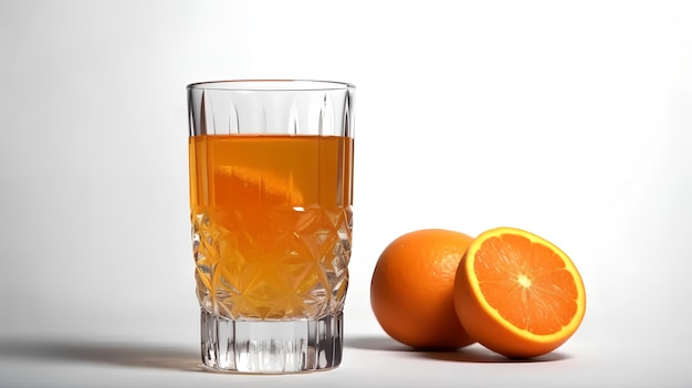 Un bicchiere di succo d'arancia accanto a due arance.