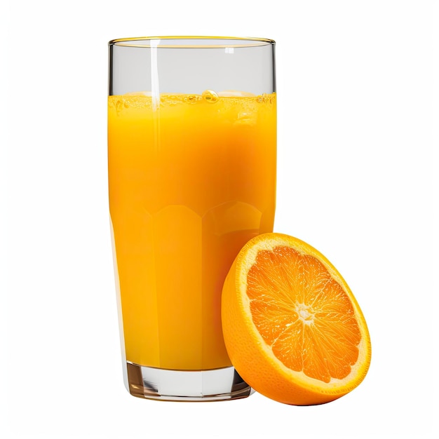 Un bicchiere di succo d'arancia accanto a un'arancia.