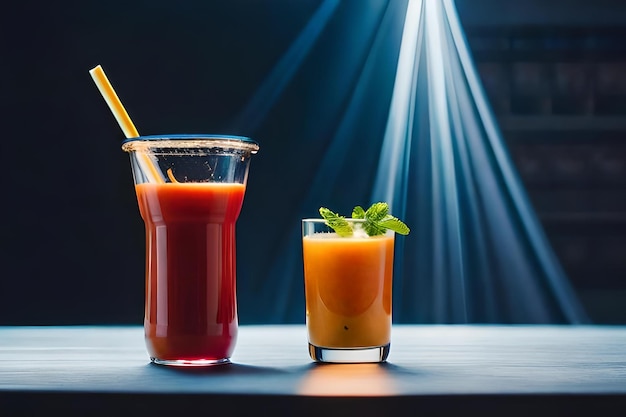 Un bicchiere di succo d'arancia accanto a un bicchiere d'aranja.