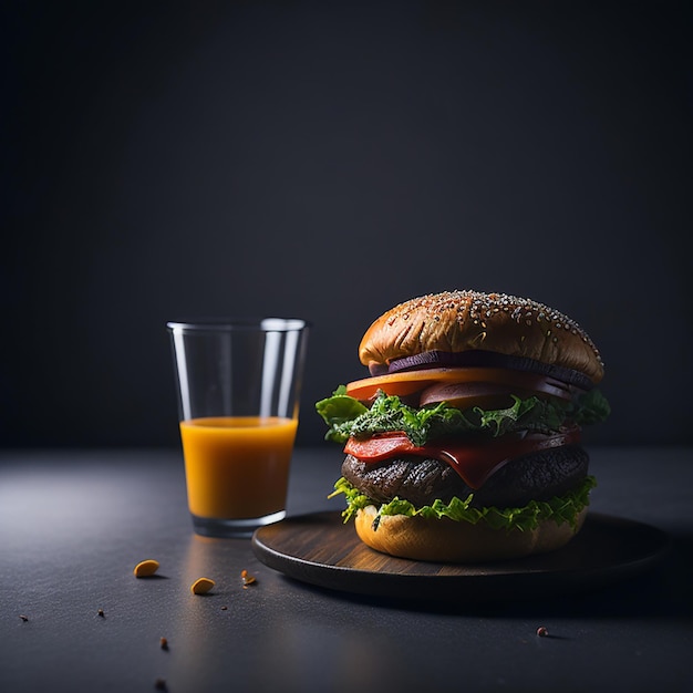 Un bicchiere di succo d'arancia accanto a un hamburger con sopra la parola hamburger.