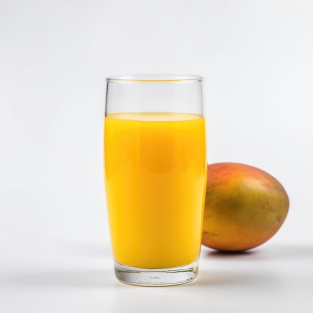 Un bicchiere di succo d'arancia accanto a un mango