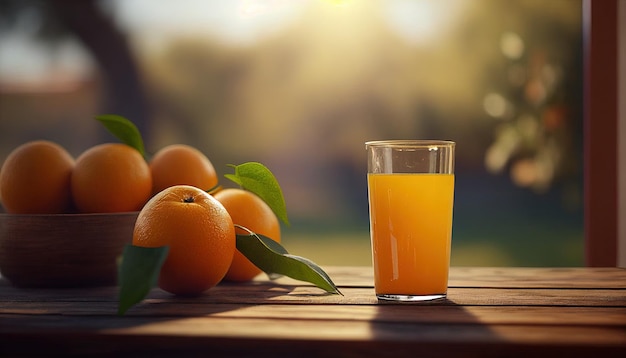 Un bicchiere di succo d'arancia accanto a un mazzo di arance.