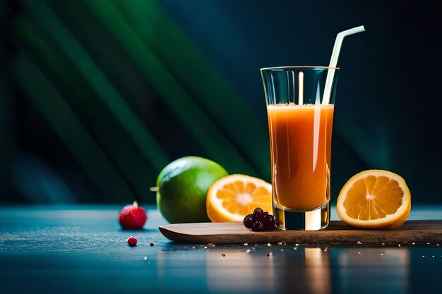 un bicchiere di succo d'arancia accanto a un piatto di frutta e un frutto.