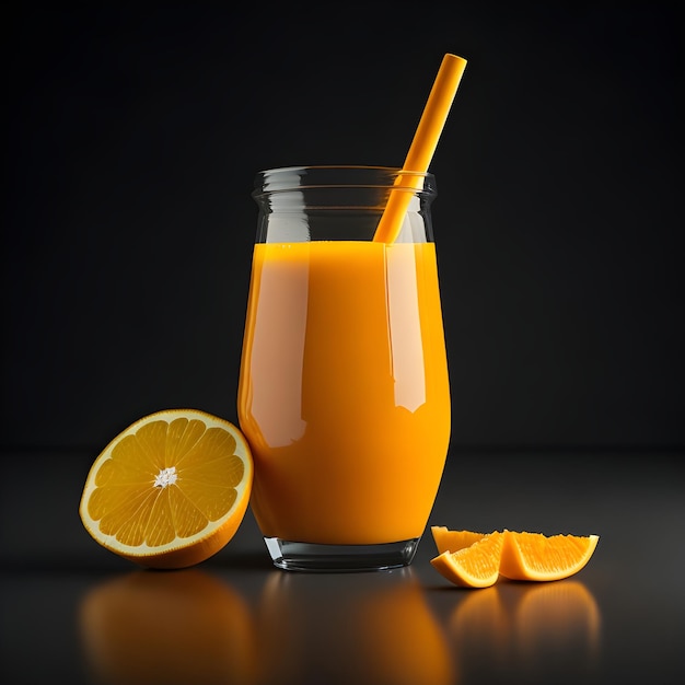 Un bicchiere di succo d'arancia con accanto una cannuccia.