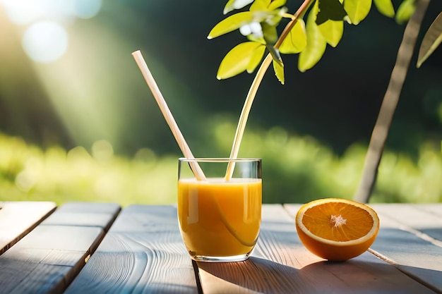 un bicchiere di succo d'arancia con cannucce dentro e una cannuccia in primo piano.