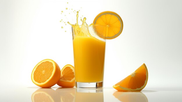 un bicchiere di succo d'arancia con fette di arancia e un bicchiero di succo di arancia