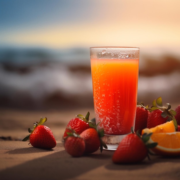 Un bicchiere di succo d'arancia con fragole sul tavolo accanto.