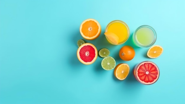 Un bicchiere di succo d'arancia con frutti diversi su sfondo blu.