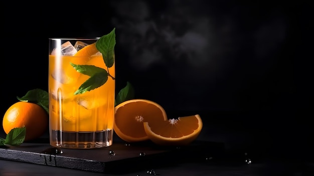 Un bicchiere di succo d'arancia con ghiaccio e foglie di menta su sfondo nero.