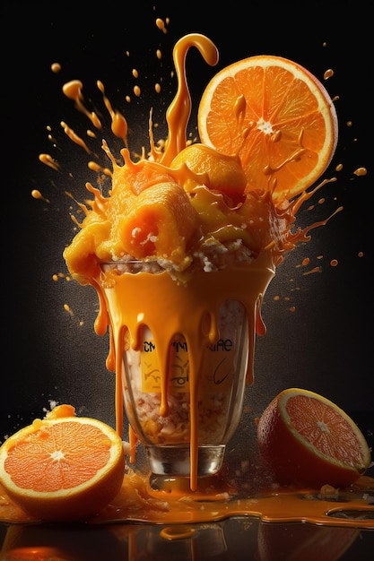Un bicchiere di succo d'arancia con sopra delle arance e la parola "succo".