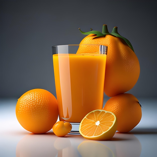 Un bicchiere di succo d'arancia con sopra delle arance
