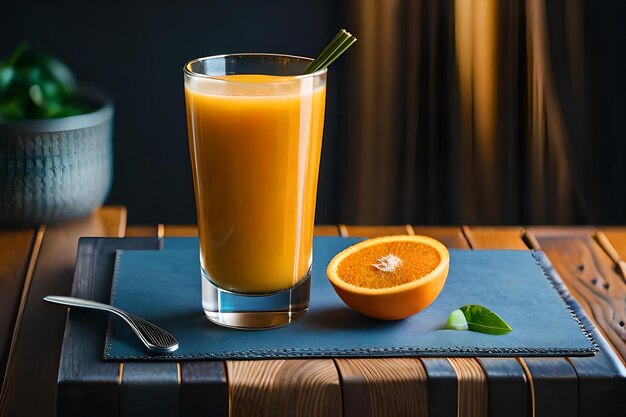 Un bicchiere di succo d'arancia con sopra una foglia accanto a un cucchiaio.