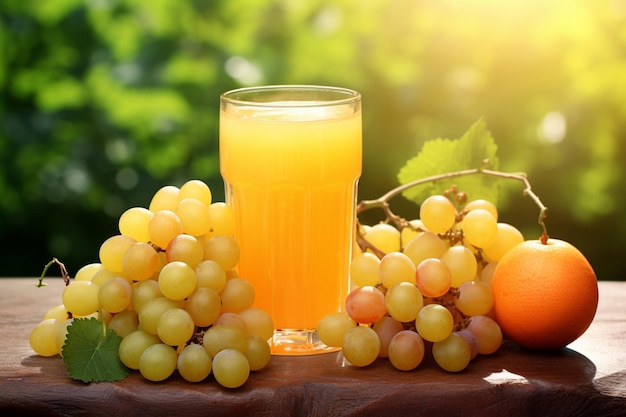 Un bicchiere di succo d'arancia con un grappolo di uva verde.