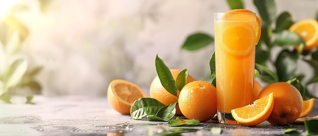 un bicchiere di succo d'arancia con un mucchio di arance e un bicchierino di succo di arancia
