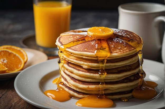 Un bicchiere di succo d'arancia con un piatto di pancake