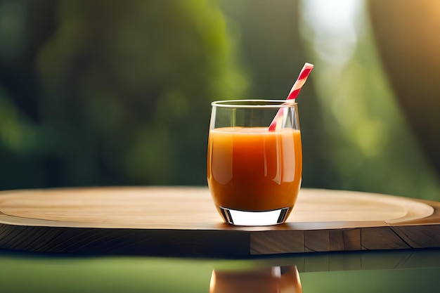 Un bicchiere di succo d'arancia con una cannuccia a strisce rosse e bianche si trova su un tavolo di legno.