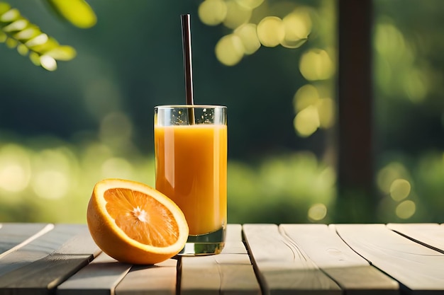 Un bicchiere di succo d'arancia con una cannuccia in background