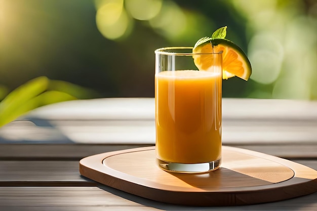 un bicchiere di succo d'arancia con una fetta di lime su un vassoio di legno.