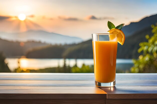 un bicchiere di succo d'arancia con una fetta di lime sul tavolo.