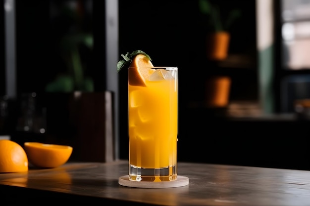 Un bicchiere di succo d'arancia con una foglia sul bordo si trova su un sottobicchiere con sopra una fetta di limone.