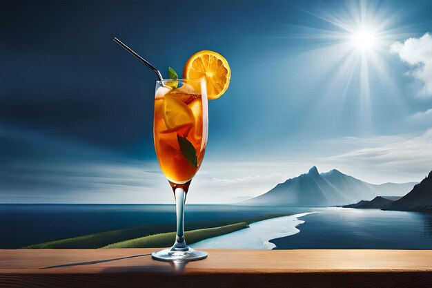 Un bicchiere di succo d'arancia con una montagna sullo sfondo